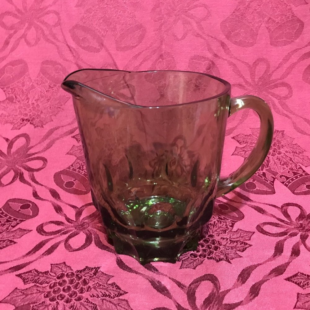 Vintage Hazel Atlas Avocado Green Glass Pitcher. King's Thumbprint Pattern
